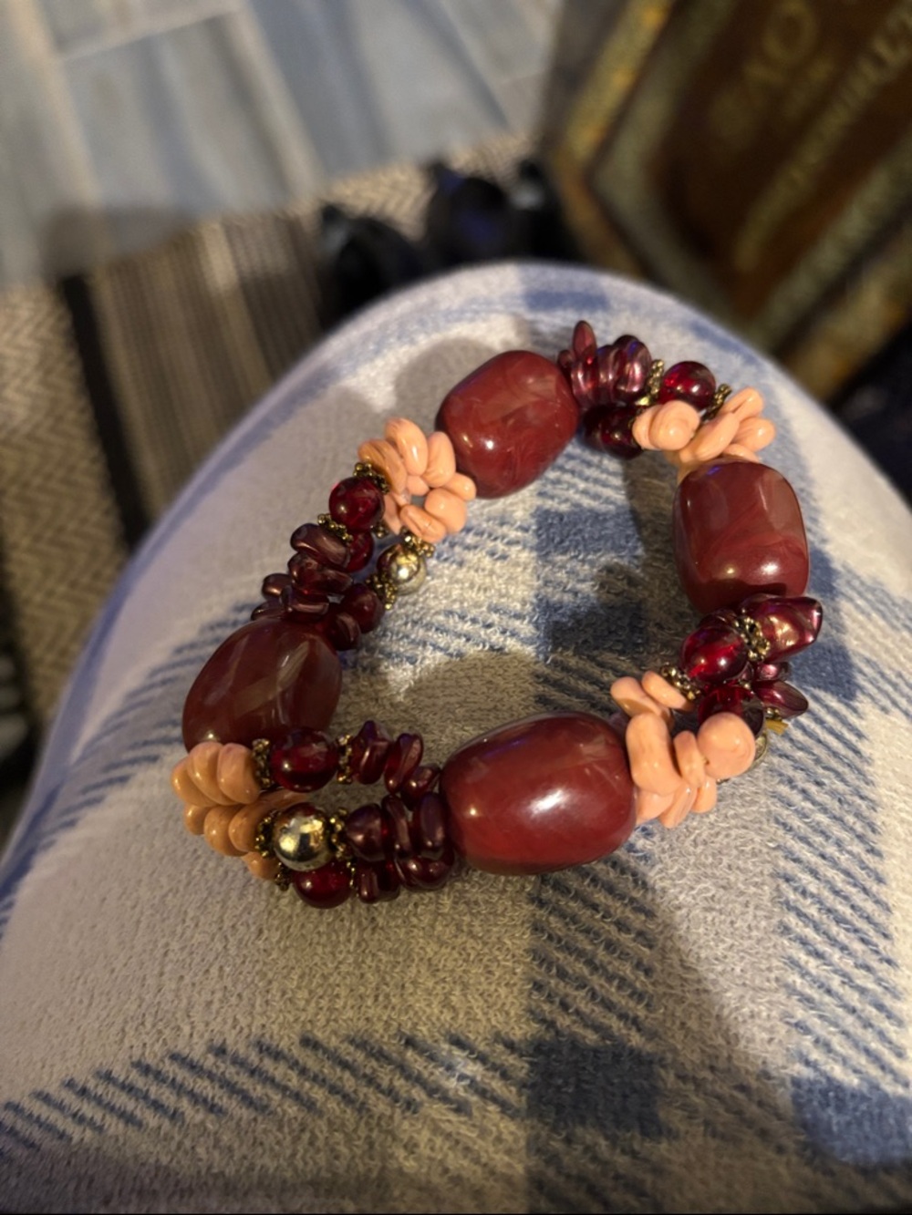 Amazon Essentials Burgundy and Peach Beaded Stretch Bracelet